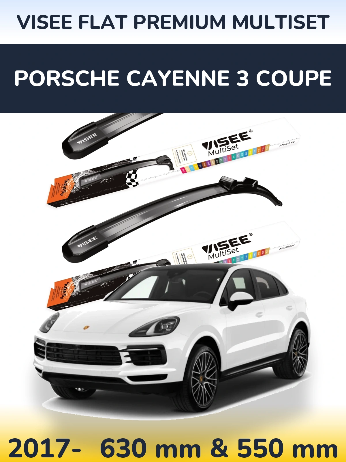 Sada předních stěračů VISEE FLAT PREMIUM MultiSet 630 a 550 mm pro Porsche Cayenne 3 Coupe 2017-2026