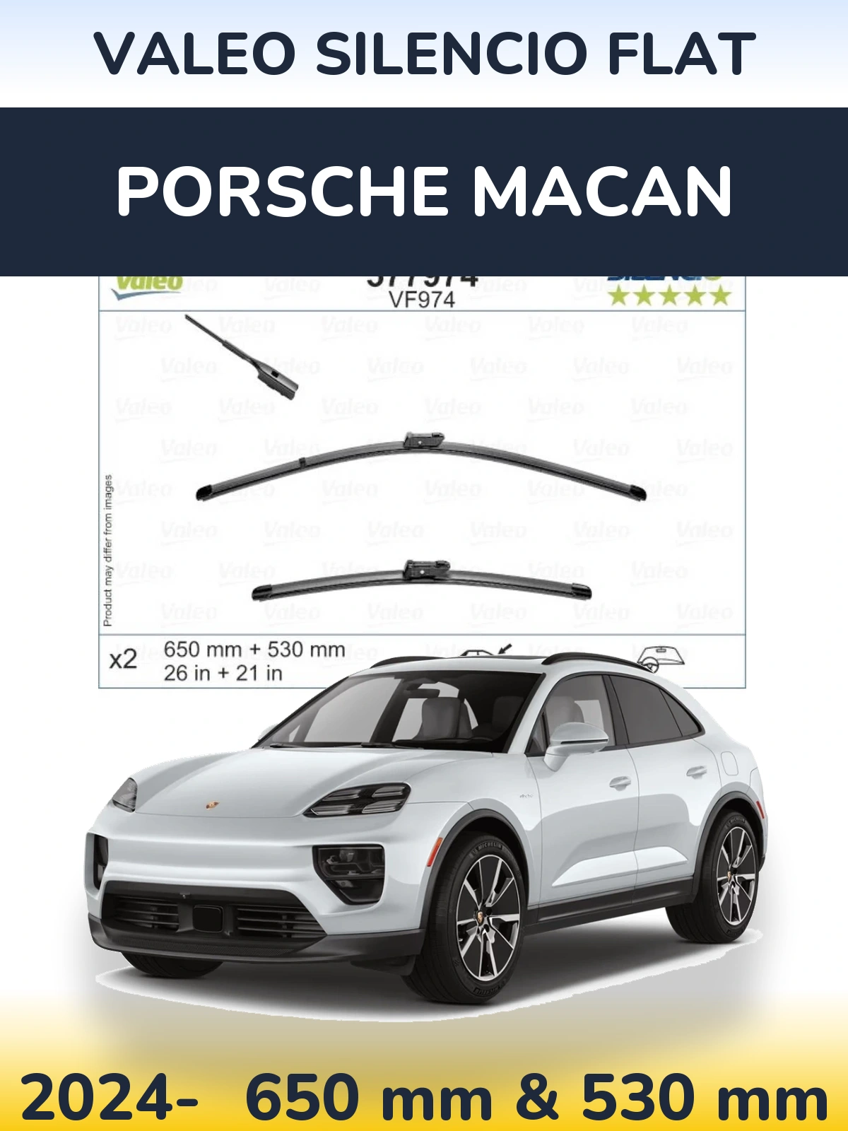 Sada předních stěračů Valeo Silencio Flat 650 a 530 mm pro Porsche Macan 2024-2026