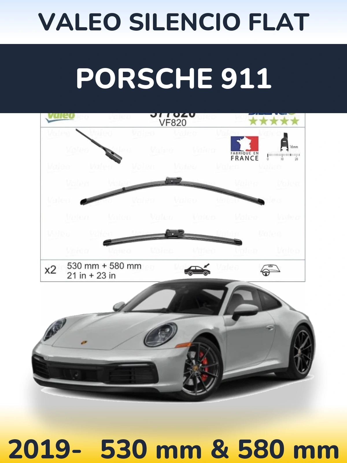 Sada předních stěračů Valeo Silencio Flat 530 a 580 mm pro Porsche 911 2019-2026