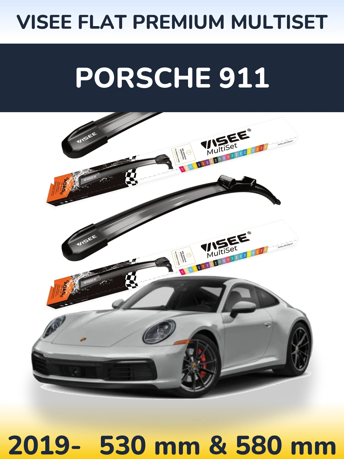 Sada předních stěračů VISEE FLAT PREMIUM MultiSet 530 a 580 mm pro Porsche 911 2019-2026