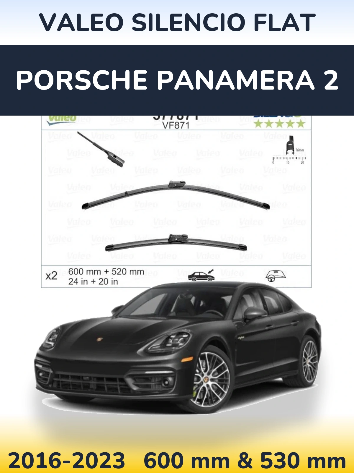 Sada předních stěračů Valeo Silencio Flat 600 a 520 mm pro Porsche Panamera 2 2016-2023