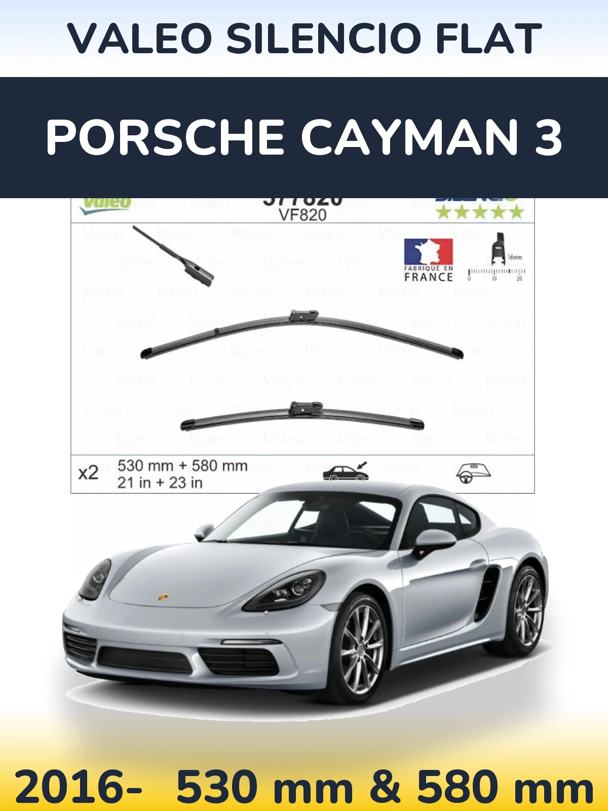Sada předních stěračů Valeo Silencio Flat 530 a 580 mm pro Porsche Cayman 3 2016-2026