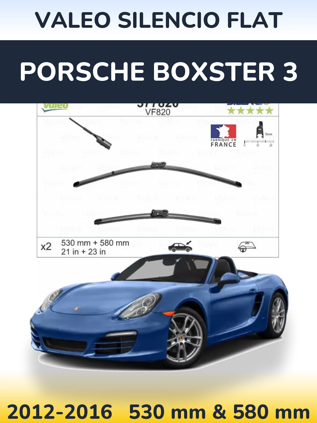 Sada předních stěračů Valeo Silencio Flat 530 a 580 mm pro Porsche Boxster 3 2012-2016