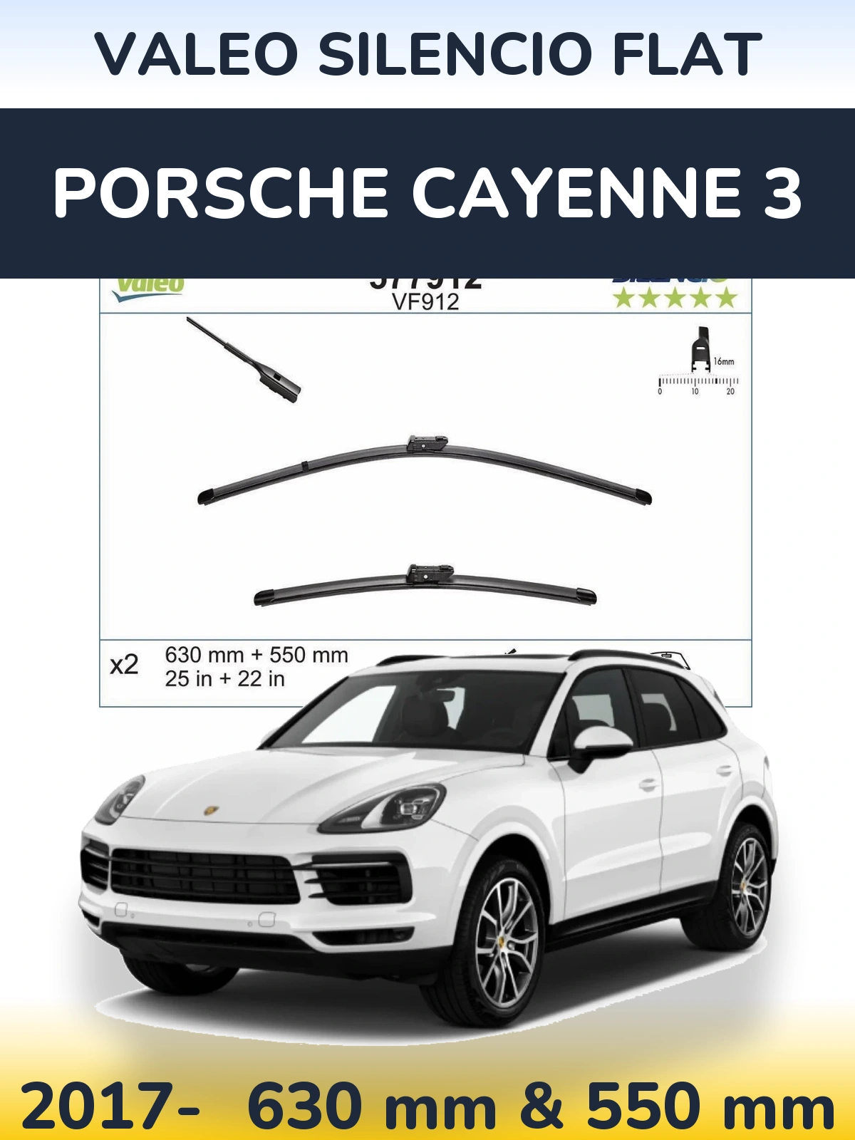 Sada předních stěračů Valeo Silencio Flat 630 a 550 mm pro Porsche Cayenne 3 2017-2026