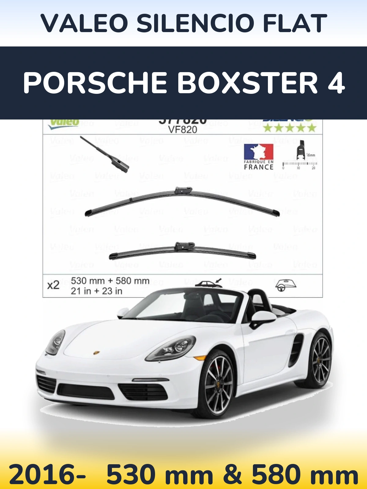 Комплект передніх щіток Valeo Silencio Flat 530 & 580 мм для Porsche Boxster 4 2016-2026