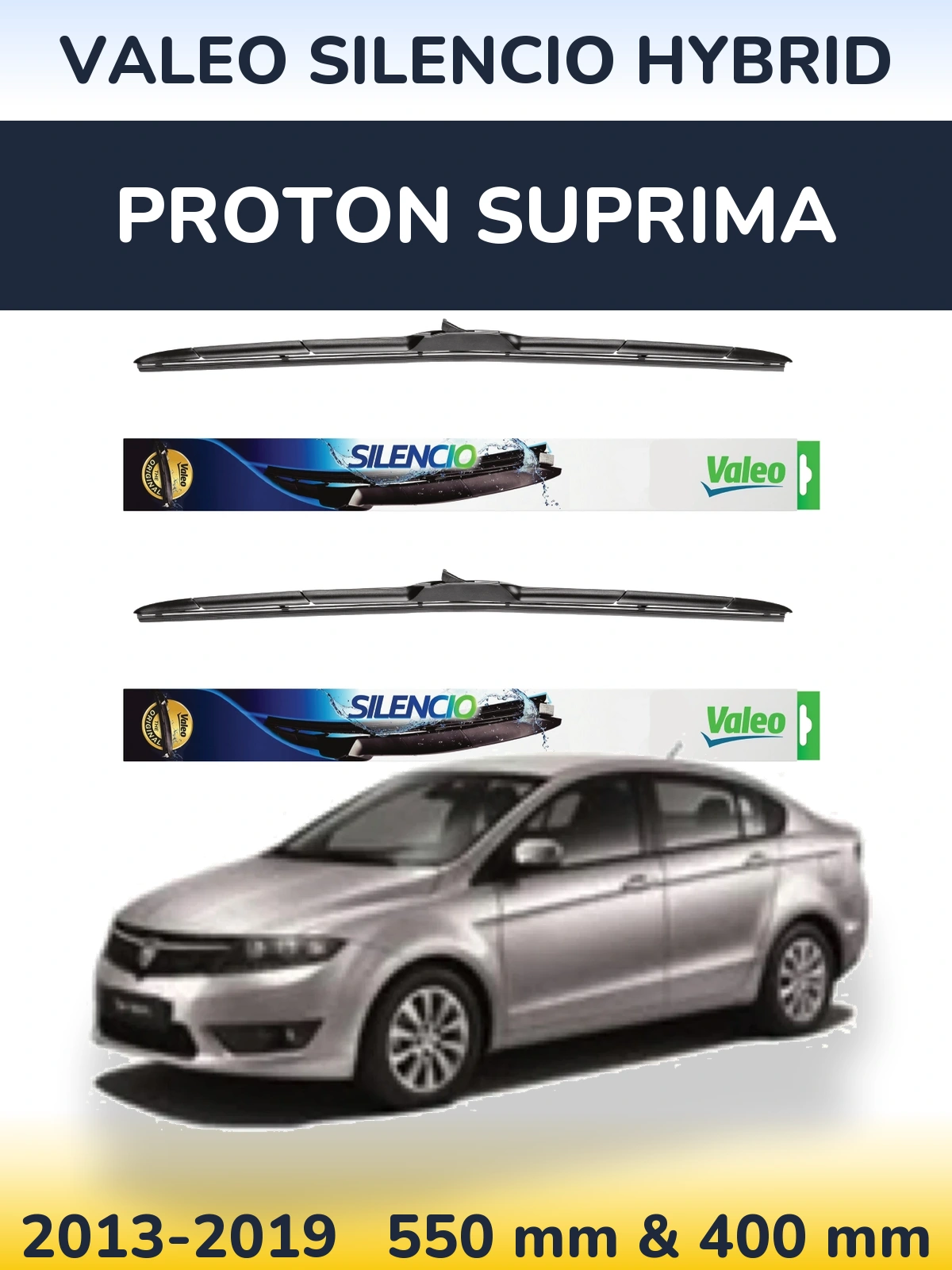 Sada předních stěračů Valeo Silencio Hybrid 550 a 400 mm pro Proton Suprima 2013-2019