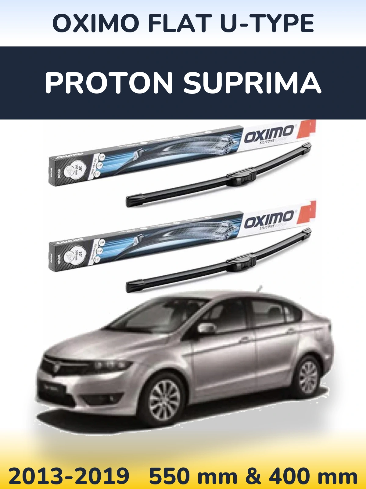 Sada předních stěračů Oximo Flat U-type 550 a 400 mm pro Proton Suprima 2013-2019