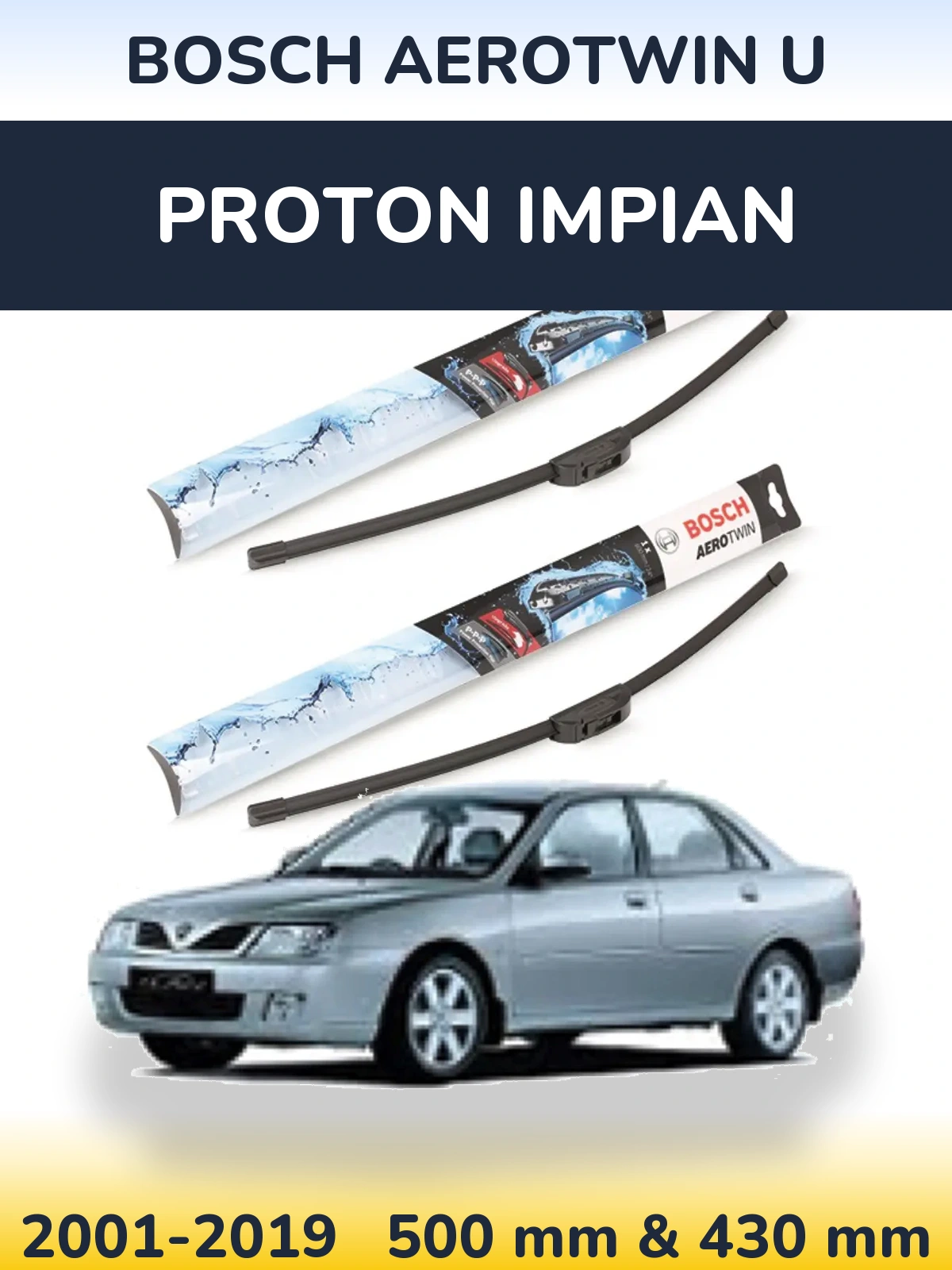 Sada předních stěračů BOSCH AeroTwin U 500 a 430 mm pro Proton Impian 2001-2019