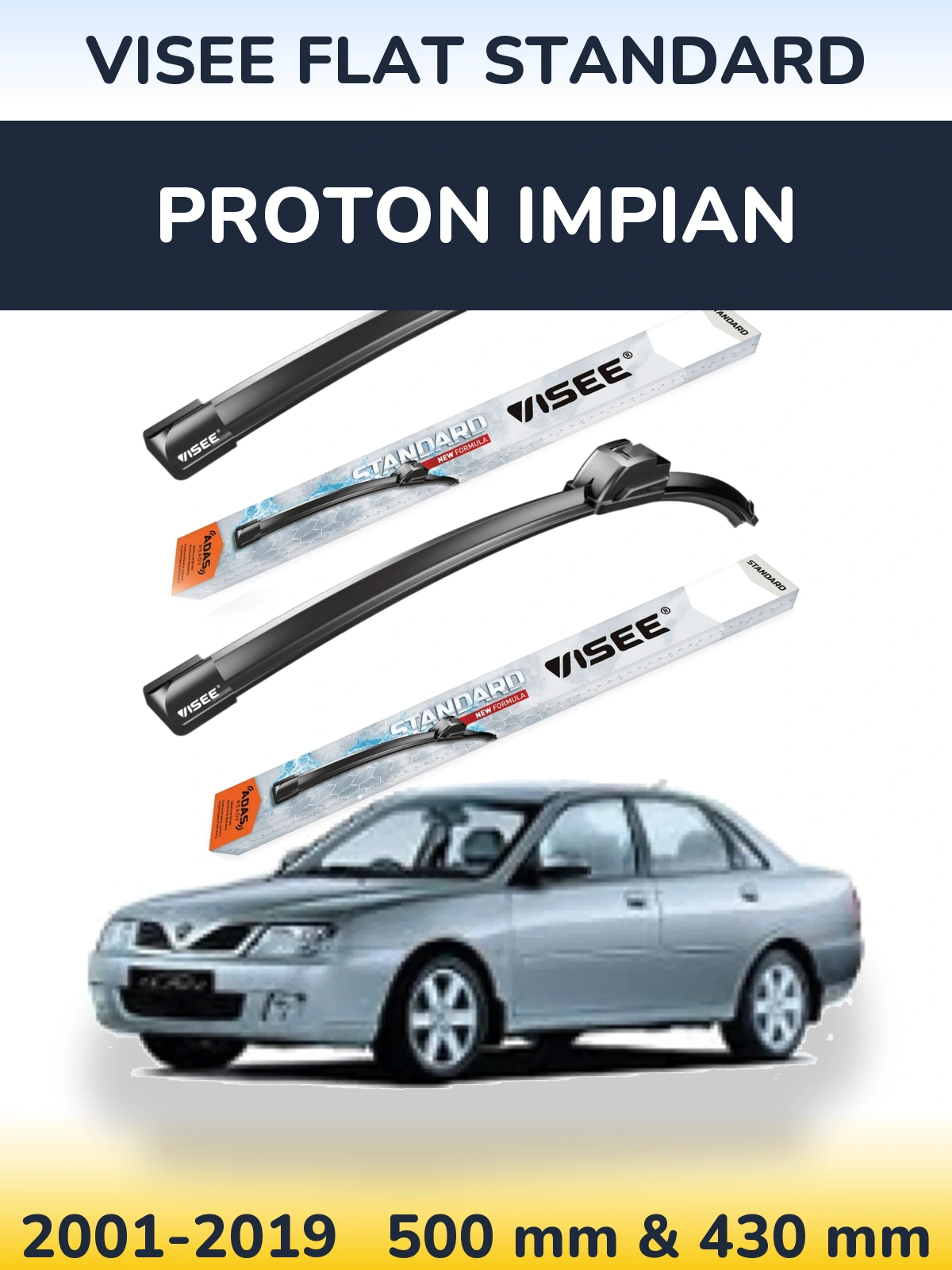 Sada předních stěračů VISEE FLAT STANDARD 500 a 430 mm pro Proton Impian 2001-2019