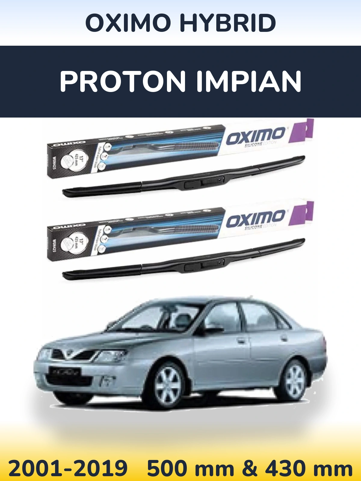 Sada předních stěračů Oximo Hybrid 500 a 430 mm pro Proton Impian 2001-2019