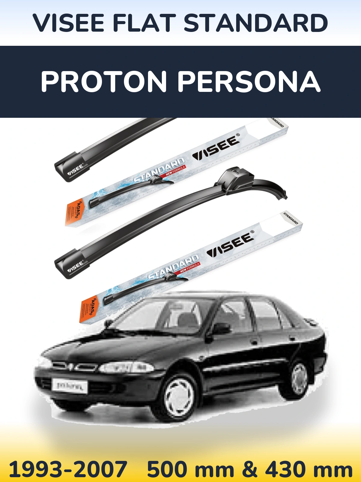 Sada předních stěračů VISEE FLAT STANDARD 500 a 430 mm pro Proton Persona 1993-2007