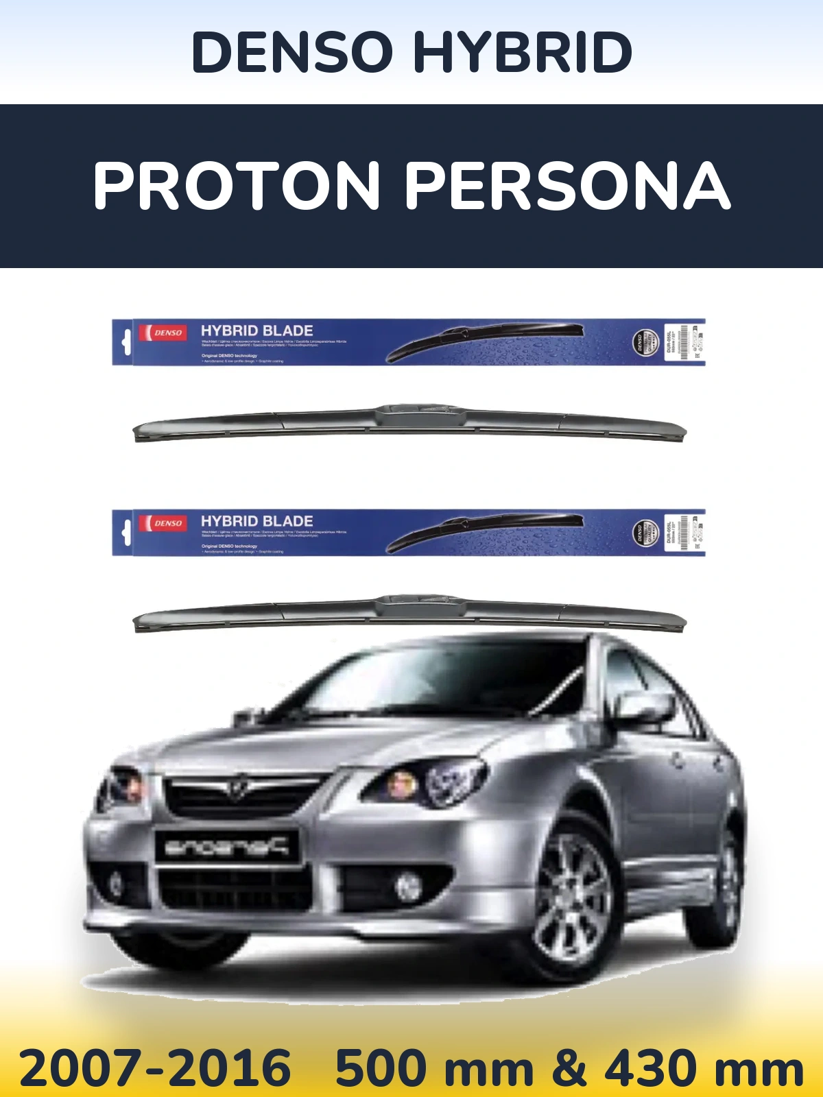 Sada předních stěračů Denso Hybrid 500 a 430 mm pro Proton Persona 2007-2016