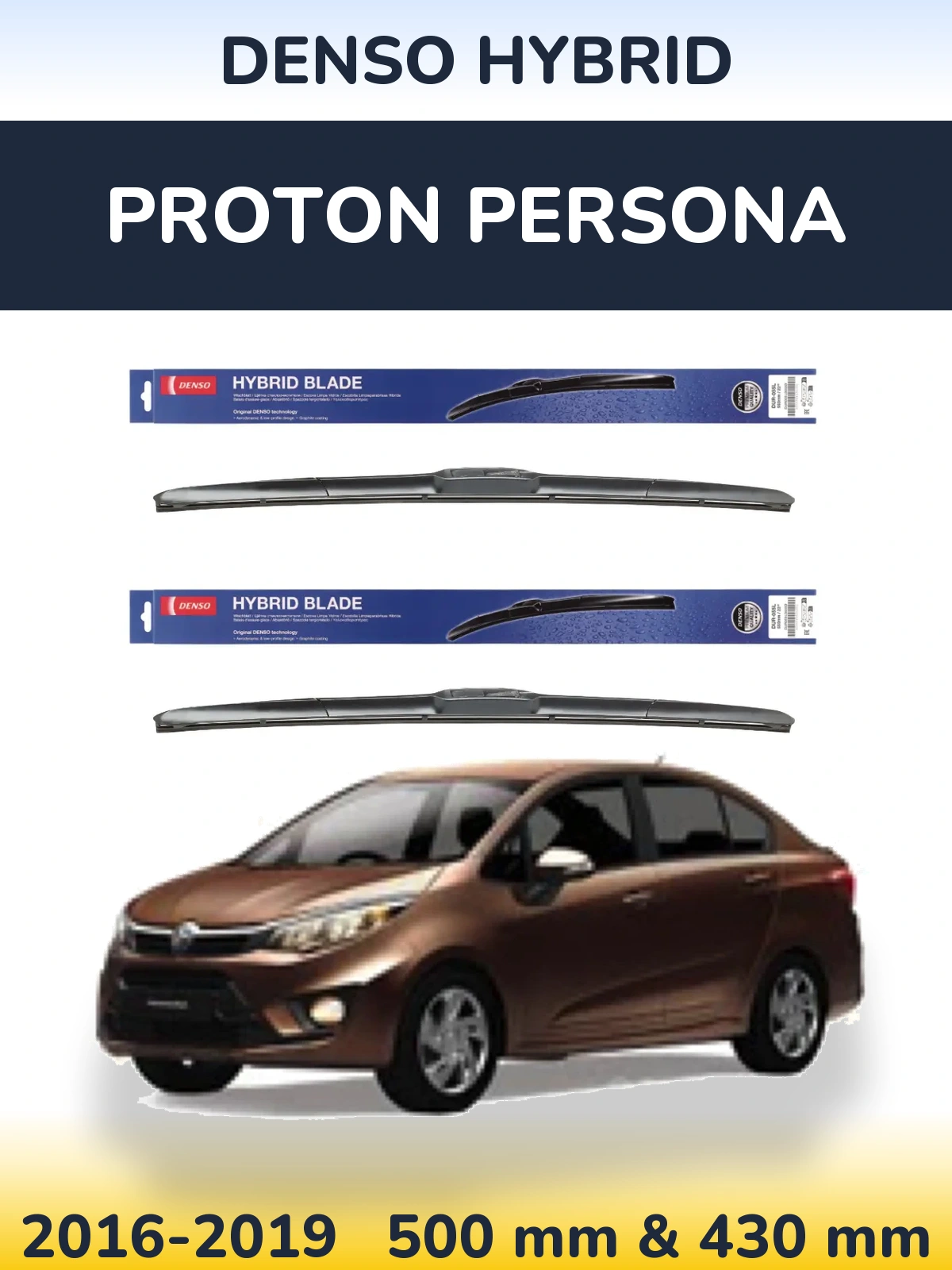 Sada předních stěračů Denso Hybrid 500 a 430 mm pro Proton Persona 2016-2019