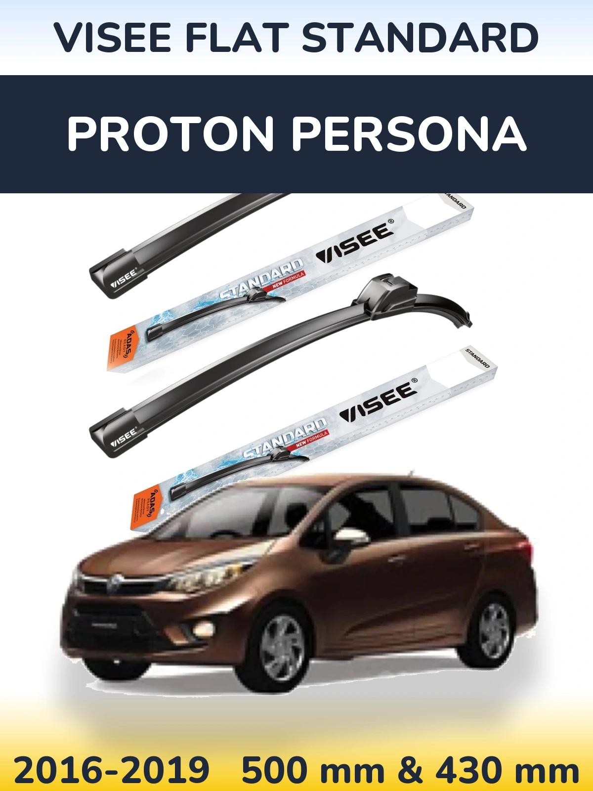 Sada předních stěračů VISEE FLAT STANDARD 500 a 430 mm pro Proton Persona 2016-2019
