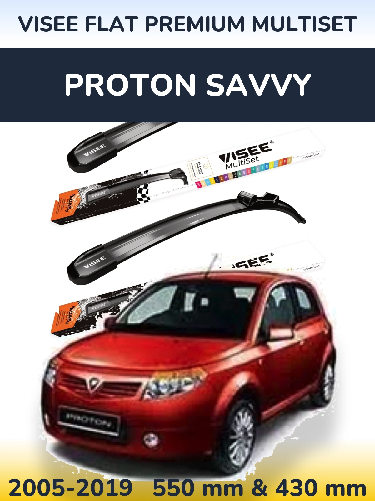 Sada předních stěračů VISEE FLAT PREMIUM MultiSet 550 a 430 mm pro Proton Savvy 2005-2019