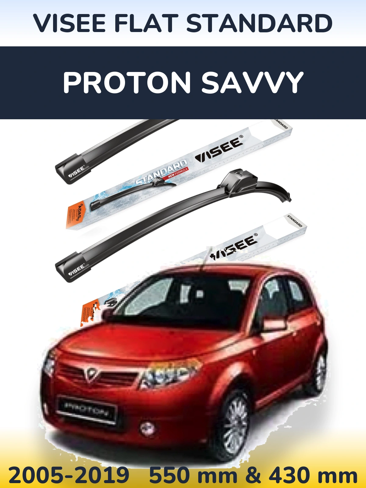 Sada předních stěračů VISEE FLAT STANDARD 550 a 430 mm pro Proton Savvy 2005-2019