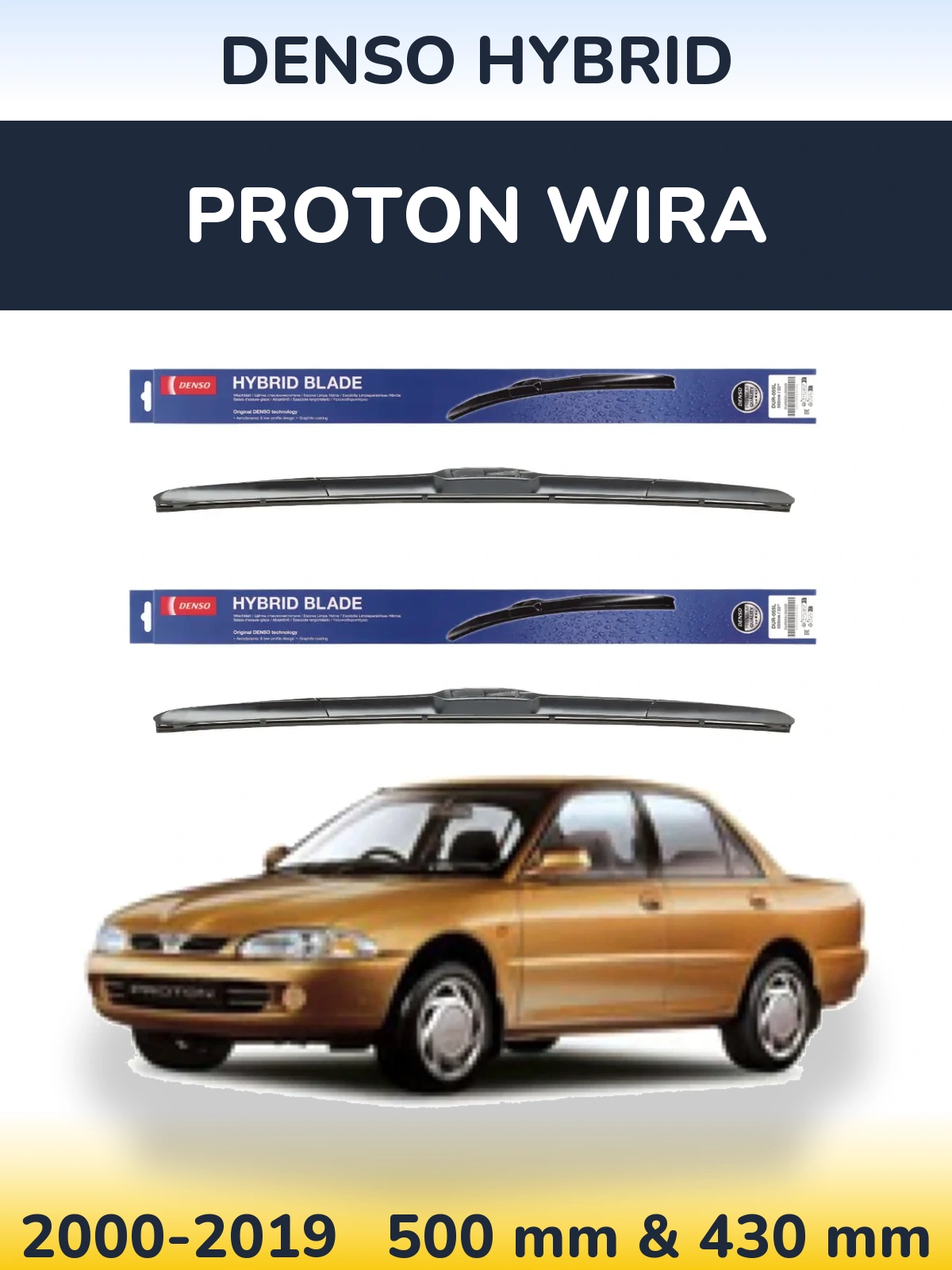 Sada předních stěračů Denso Hybrid 500 a 430 mm pro Proton Wira 2000-2019