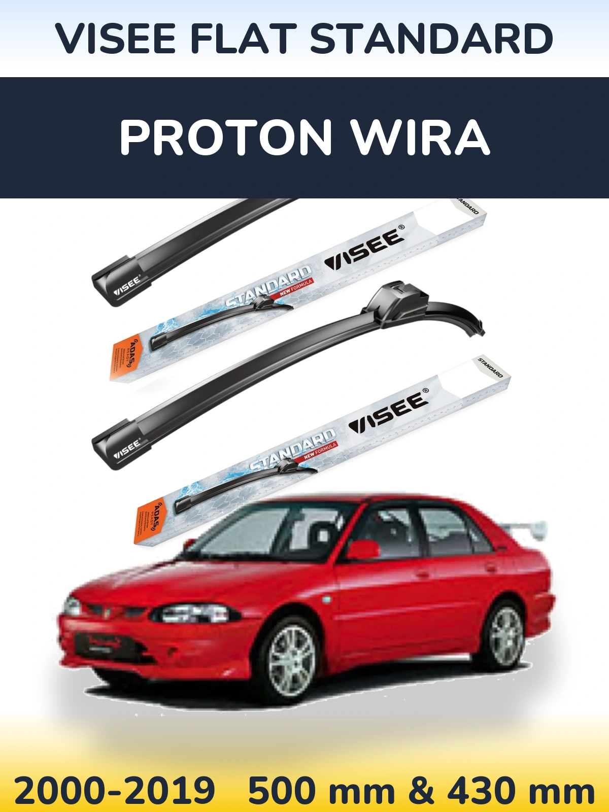 Sada předních stěračů VISEE FLAT STANDARD 500 a 430 mm pro Proton Wira 2000-2019