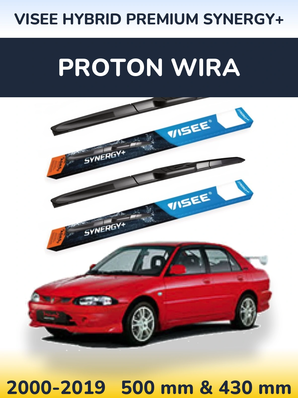 Sada předních stěračů VISEE HYBRID PREMIUM SYNERGY+ 500 a 430 mm pro Proton Wira 2000-2019