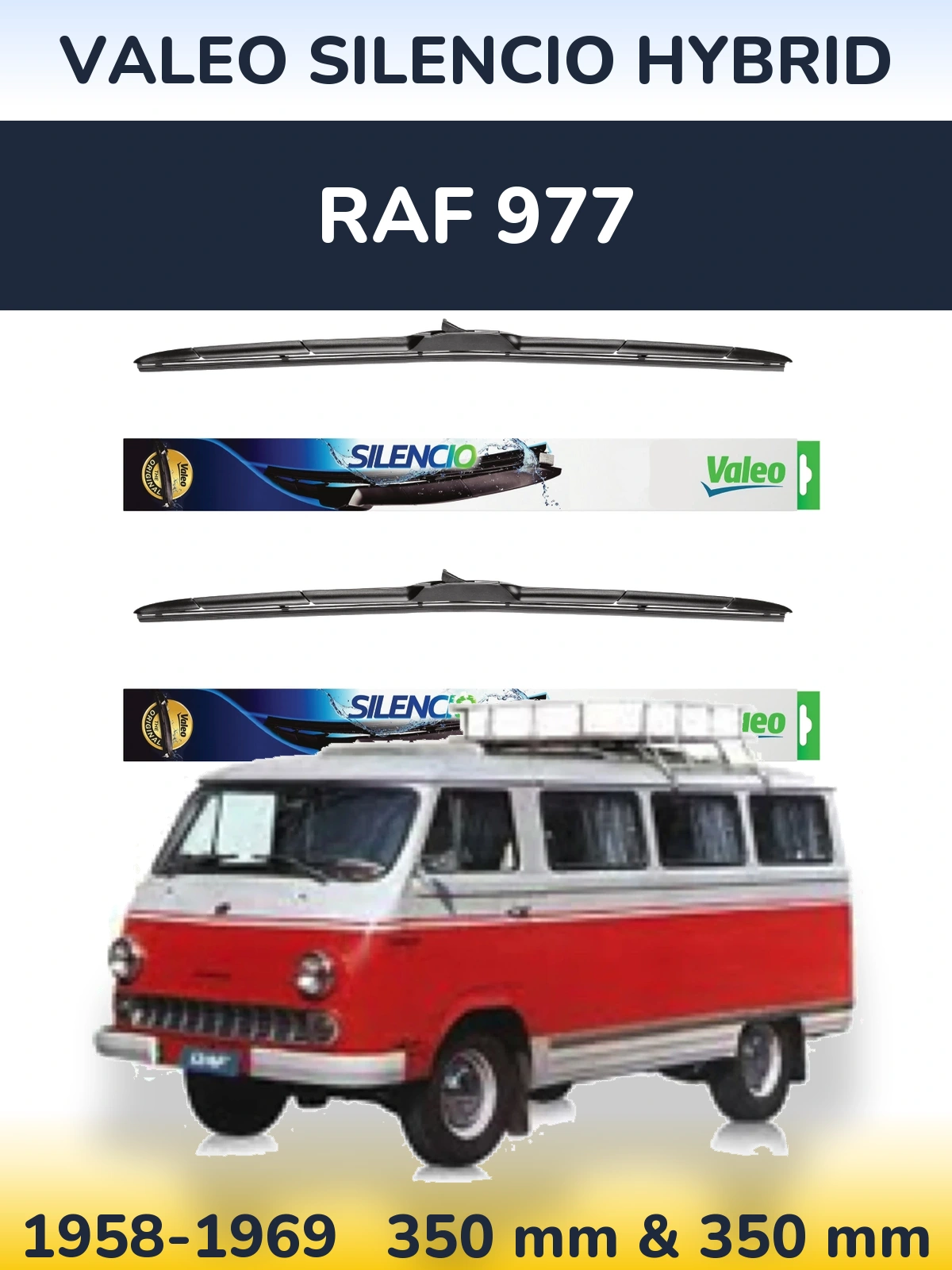 Sada předních stěračů Valeo Silencio Hybrid 350 a 350 mm pro RAF 977 1958-1969