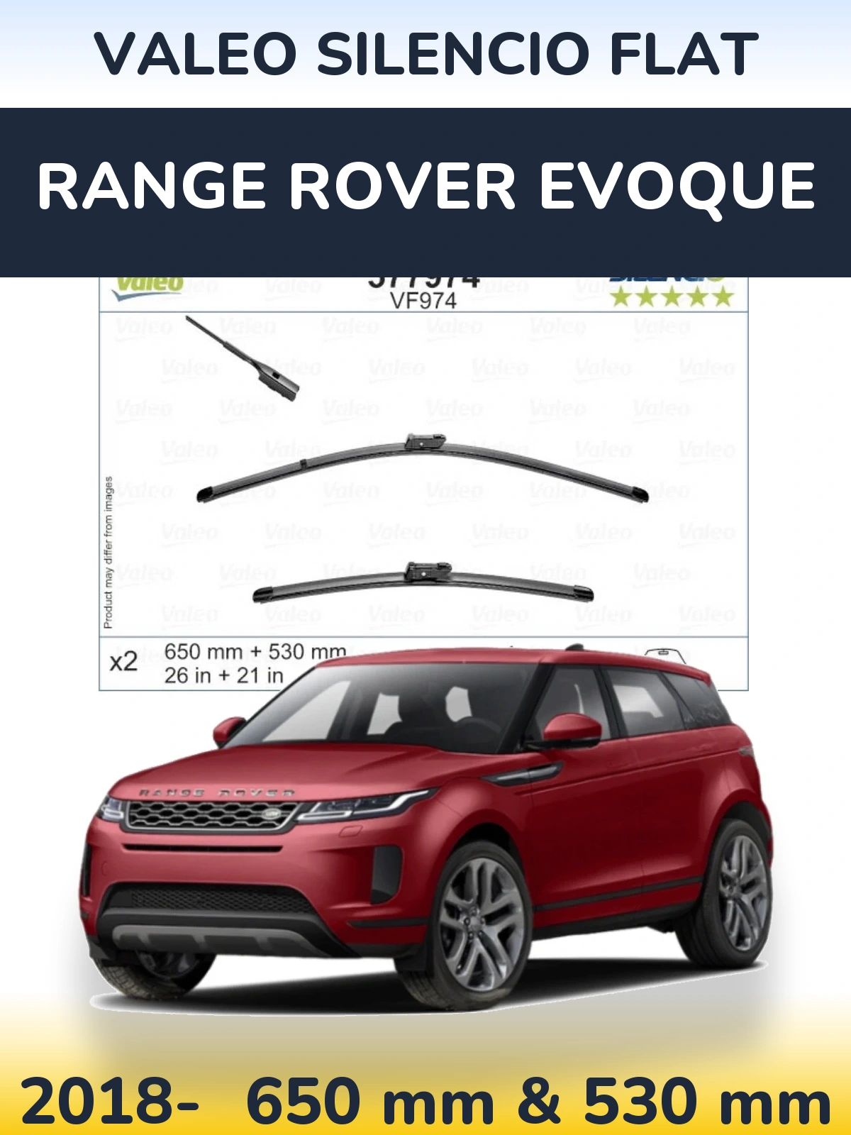 Комплект передніх щіток Valeo Silencio Flat 650 & 530 мм для Range Rover Evoque 2018-2026