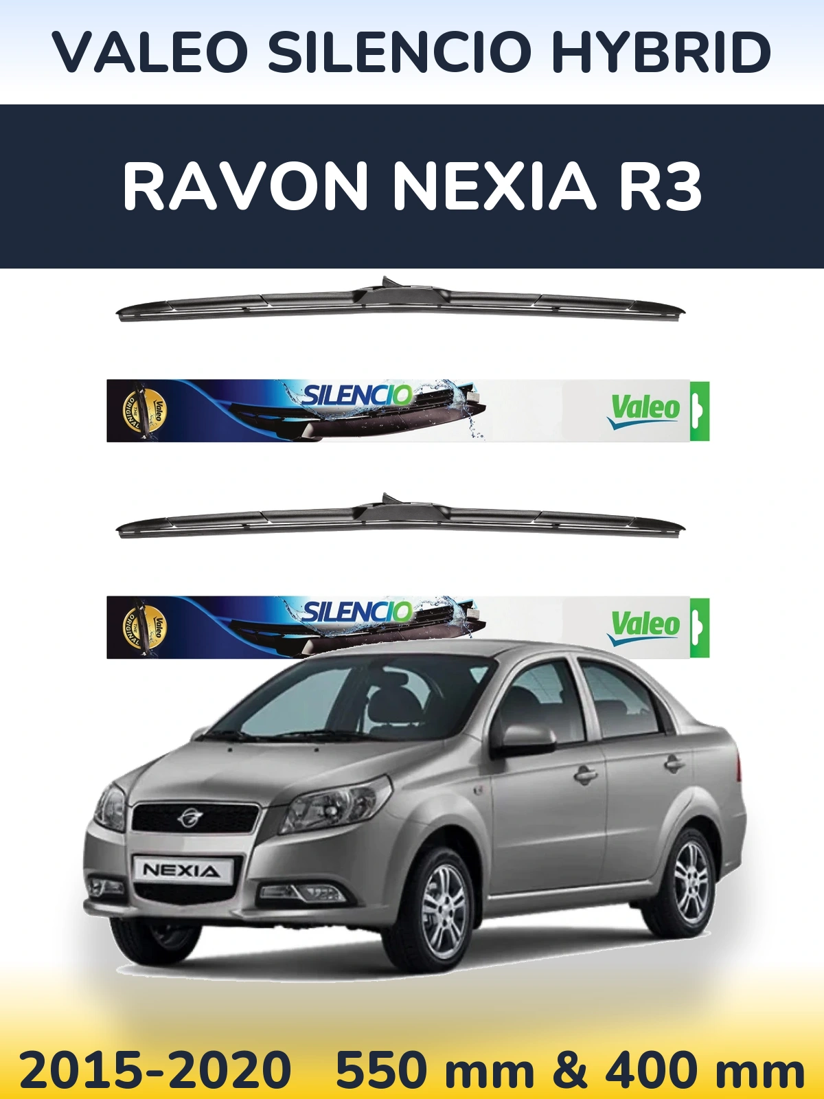 Sada předních stěračů Valeo Silencio Hybrid 550 a 400 mm pro Ravon Nexia R3 2015-2020