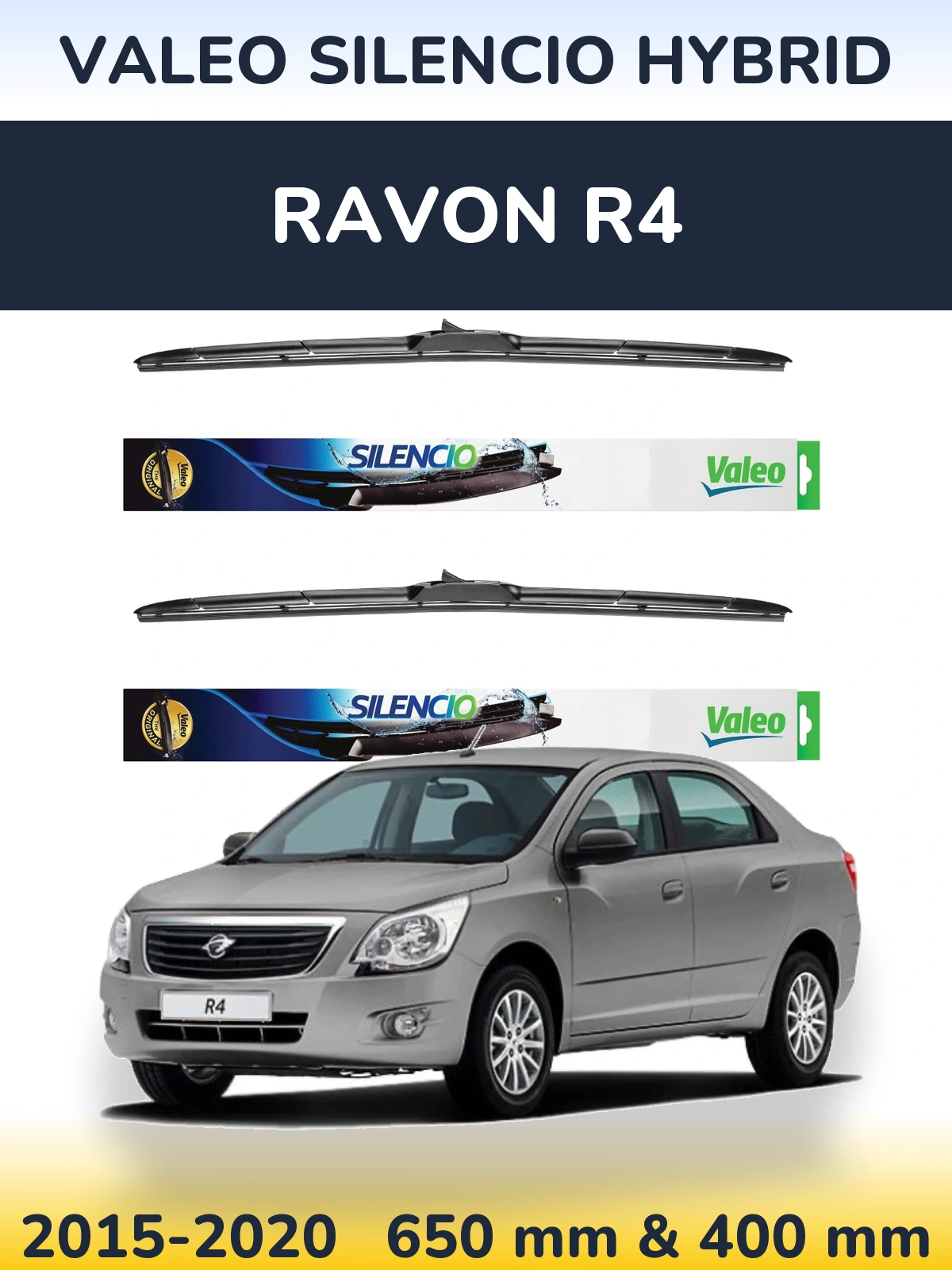 Sada předních stěračů Valeo Silencio Hybrid 650 a 400 mm pro Ravon R4 2015-2020