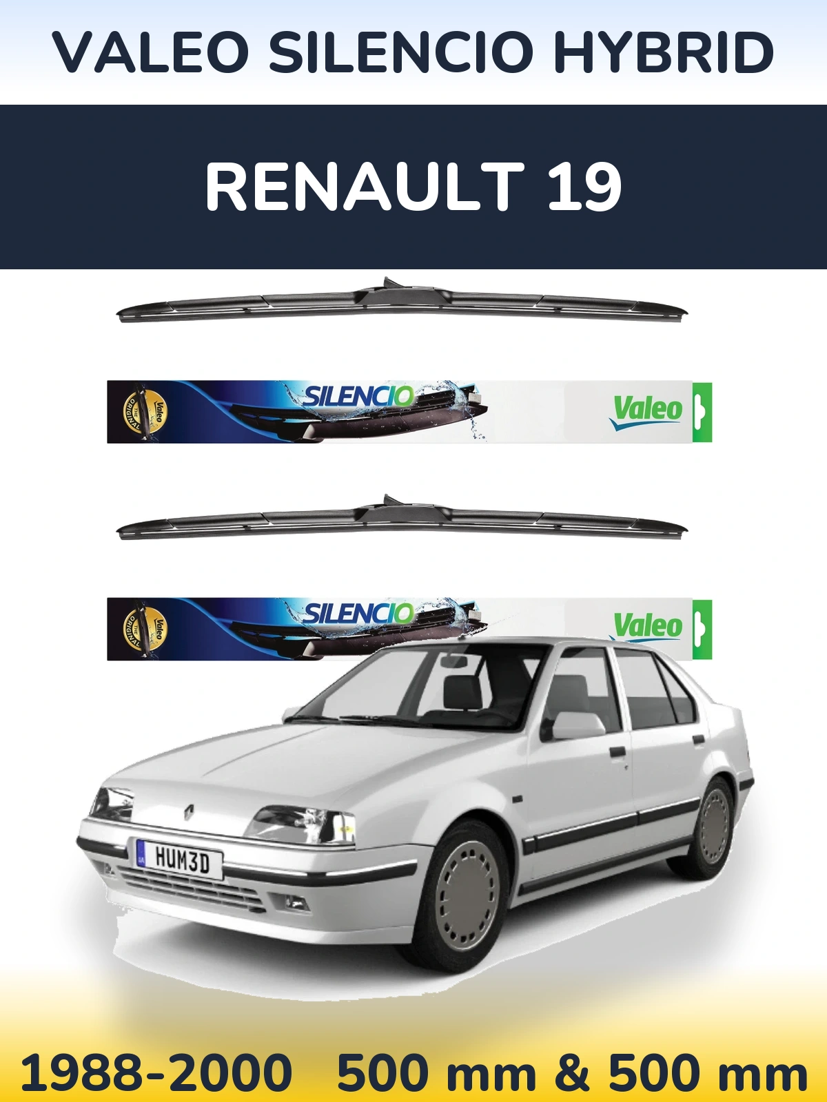 Sada předních stěračů Valeo Silencio Hybrid 500 a 500 mm pro Renault 19 1988-2000