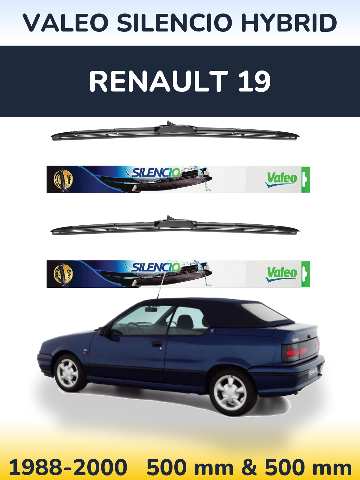 Sada předních stěračů Valeo Silencio Hybrid 500 a 500 mm pro Renault 19 1988-2000