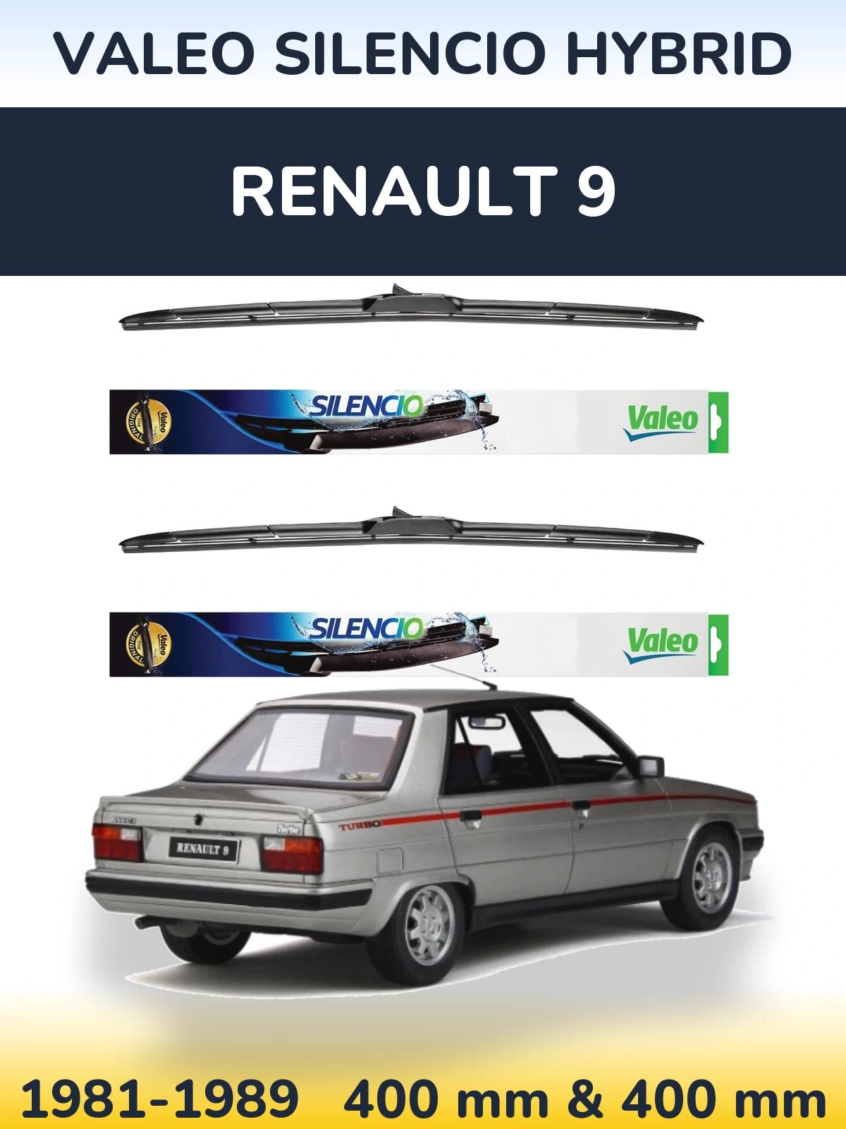 Sada předních stěračů Valeo Silencio Hybrid 400 a 400 mm pro Renault 9 1981-1989