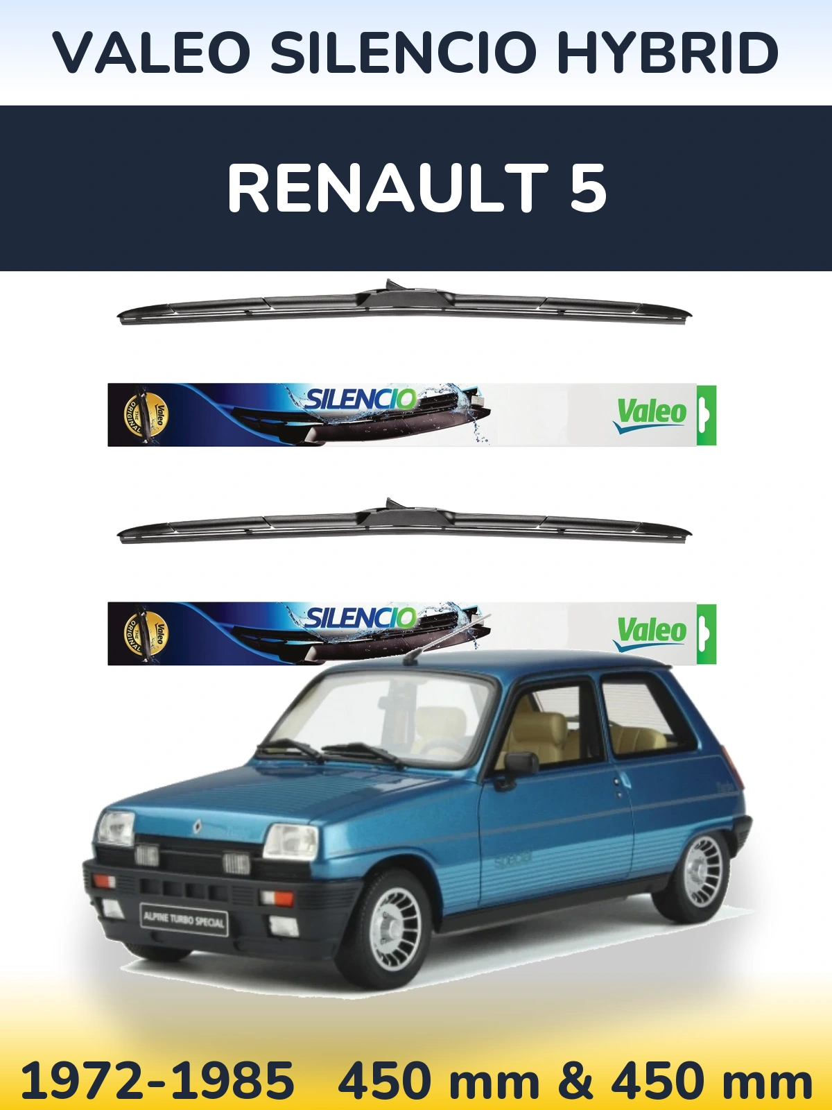Sada předních stěračů Valeo Silencio Hybrid 450 a 450 mm pro Renault 5 1972-1985