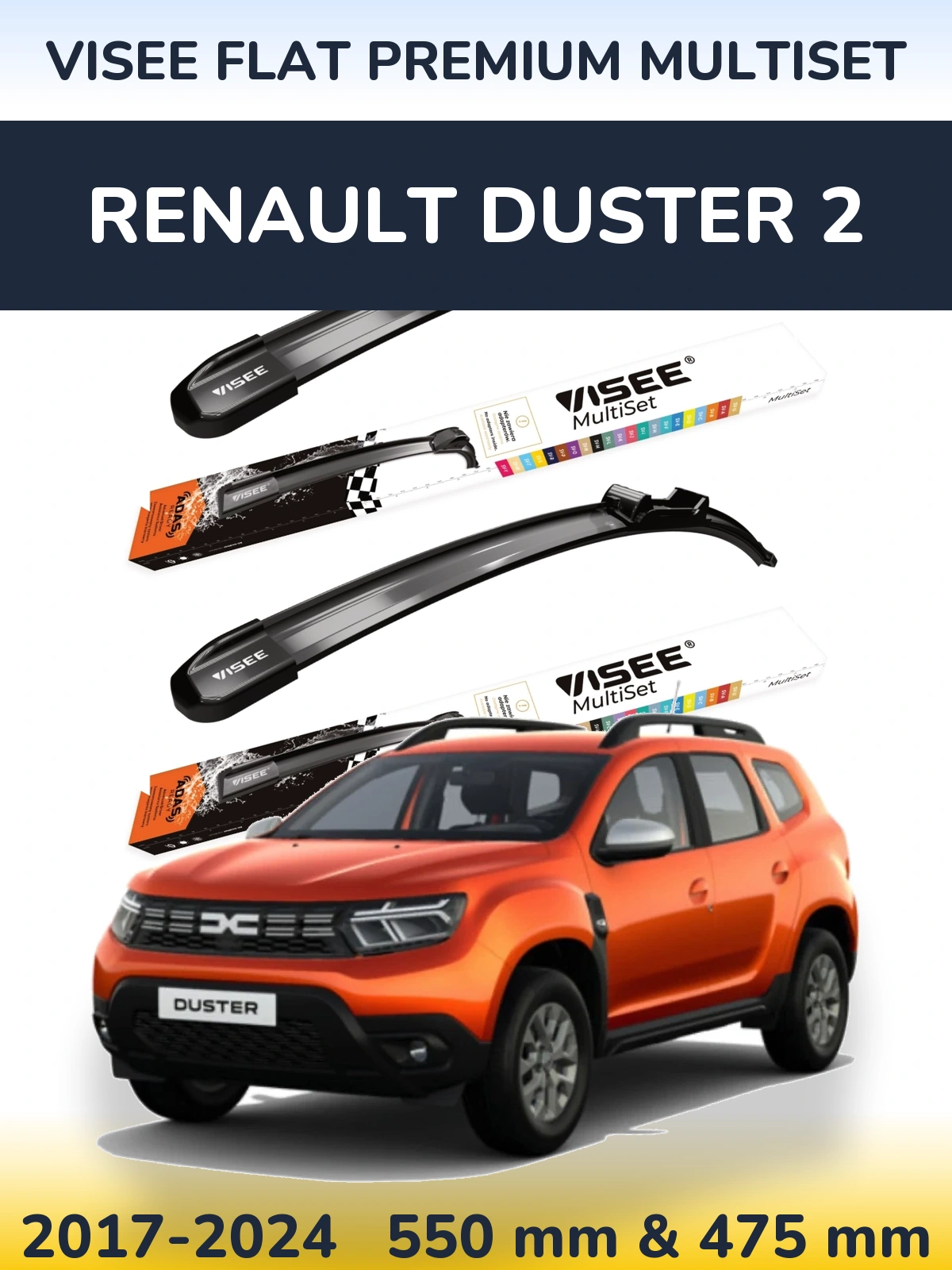Sada předních stěračů VISEE FLAT PREMIUM MultiSet 550 a 475 mm pro Renault Duster 2 2017-2024