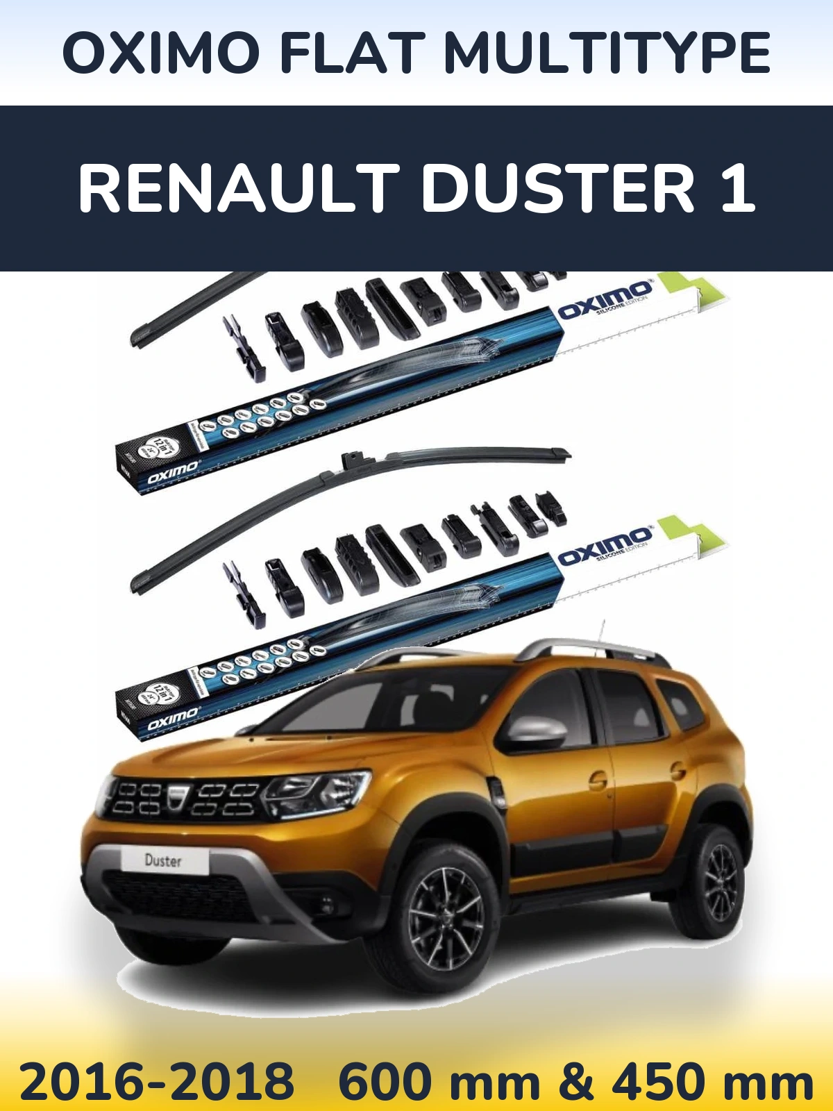 Sada předních stěračů Oximo Flat MultiType 600 a 450 mm pro Renault Duster 1 2016-2018