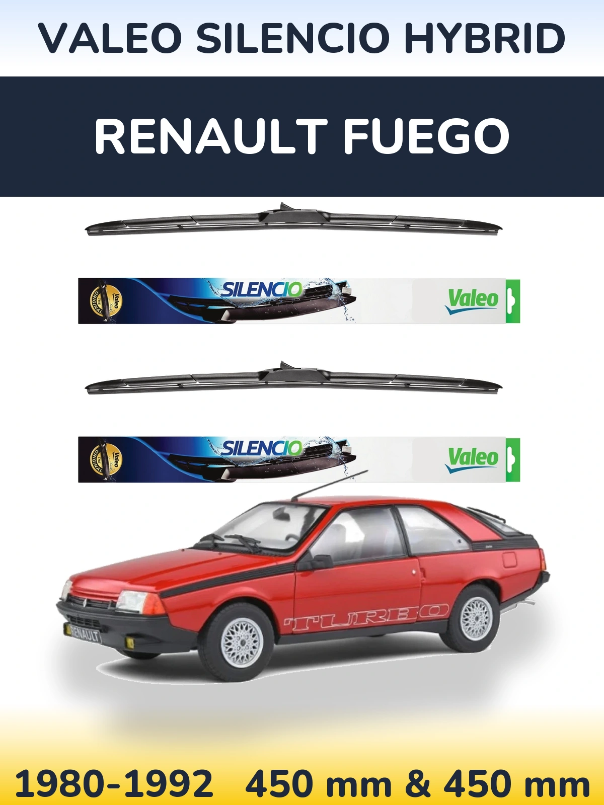 Sada předních stěračů Valeo Silencio Hybrid 450 a 450 mm pro Renault Fuego 1980-1992