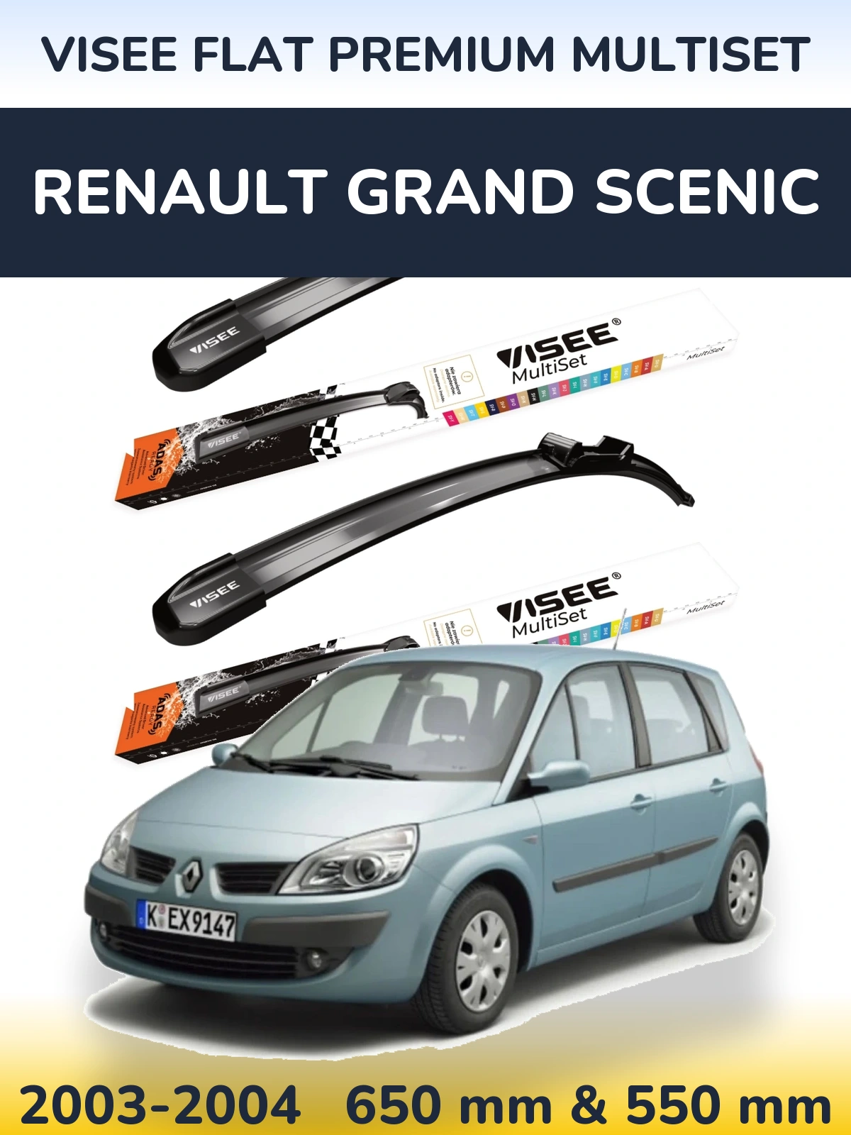Sada předních stěračů VISEE FLAT PREMIUM MultiSet 650 a 550 mm pro Renault Grand Scenic 2003-2004