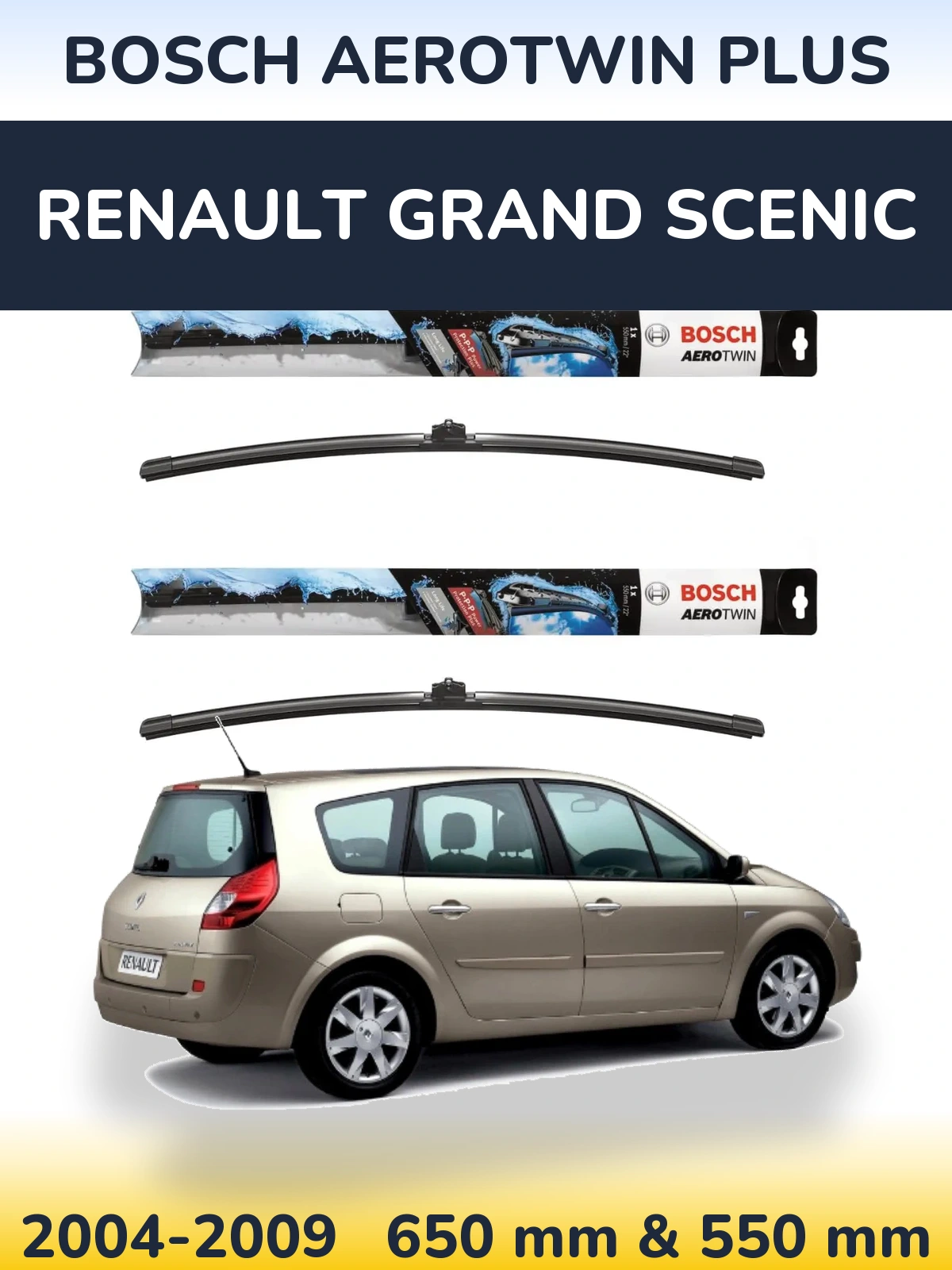 Sada předních stěračů BOSCH AeroTwin Plus 650 a 550 mm pro Renault Grand Scenic 2004-2009