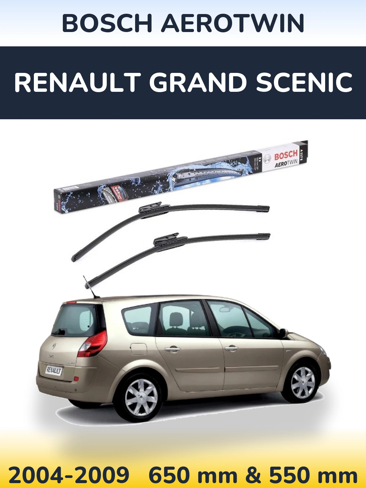 Sada předních stěračů BOSCH AeroTwin 650 a 550 mm pro Renault Grand Scenic 2004-2009