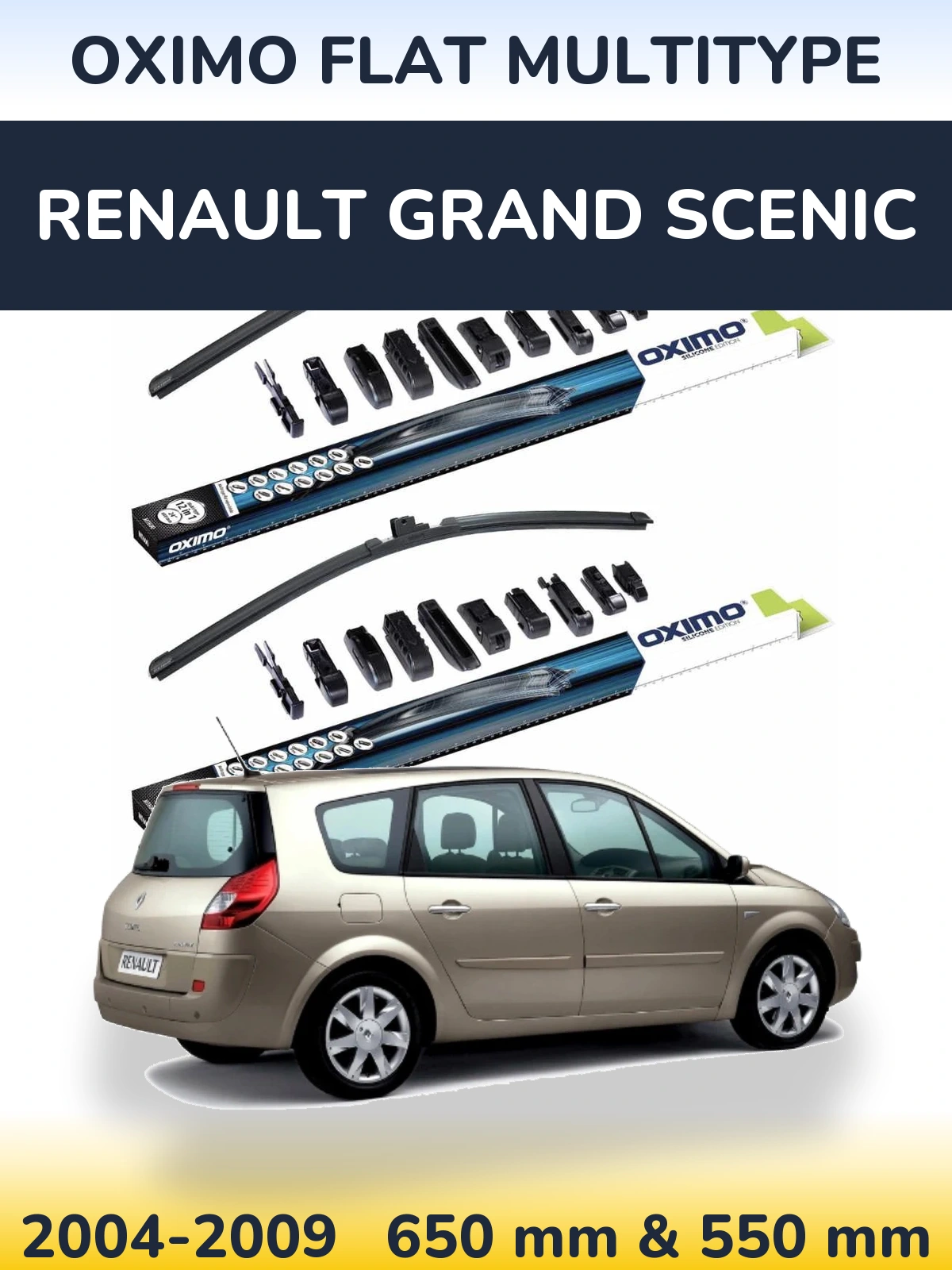 Sada předních stěračů Oximo Flat MultiType 650 a 550 mm pro Renault Grand Scenic 2004-2009