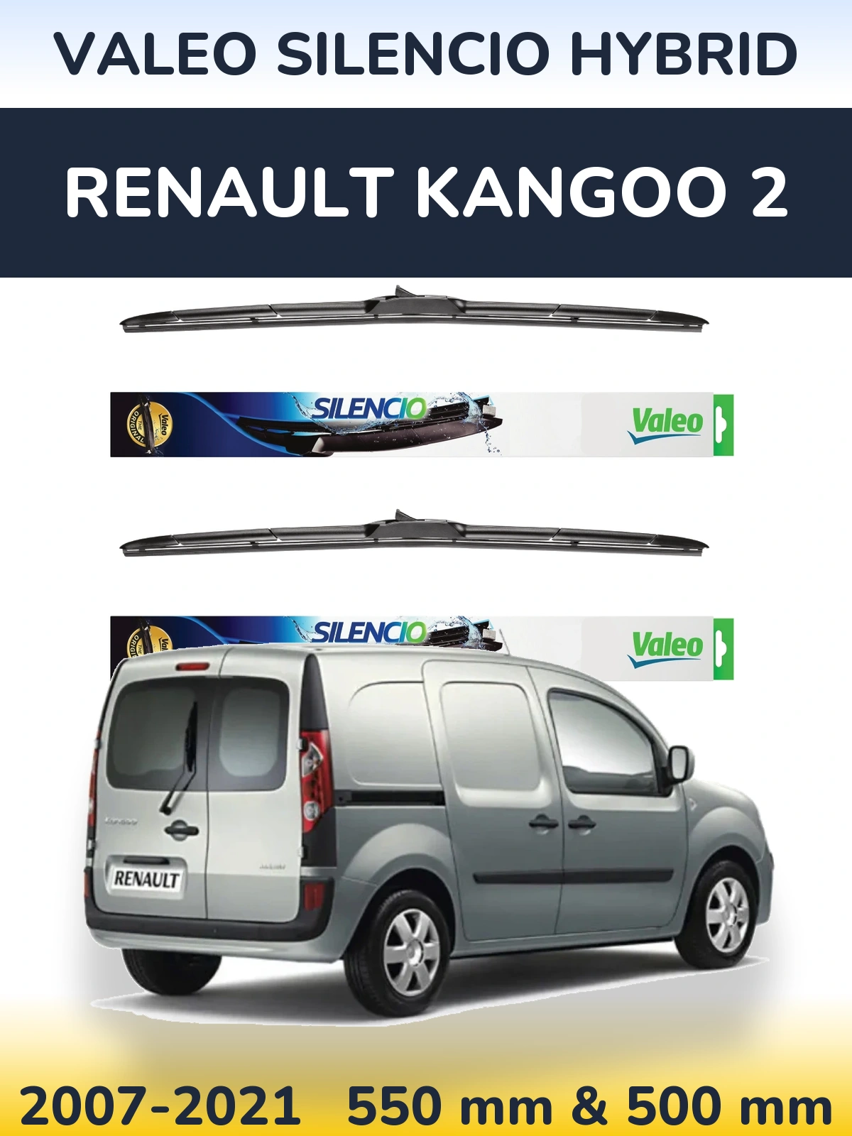 Sada předních stěračů Valeo Silencio Hybrid 550 a 500 mm pro Renault Kangoo 2 2007-2021