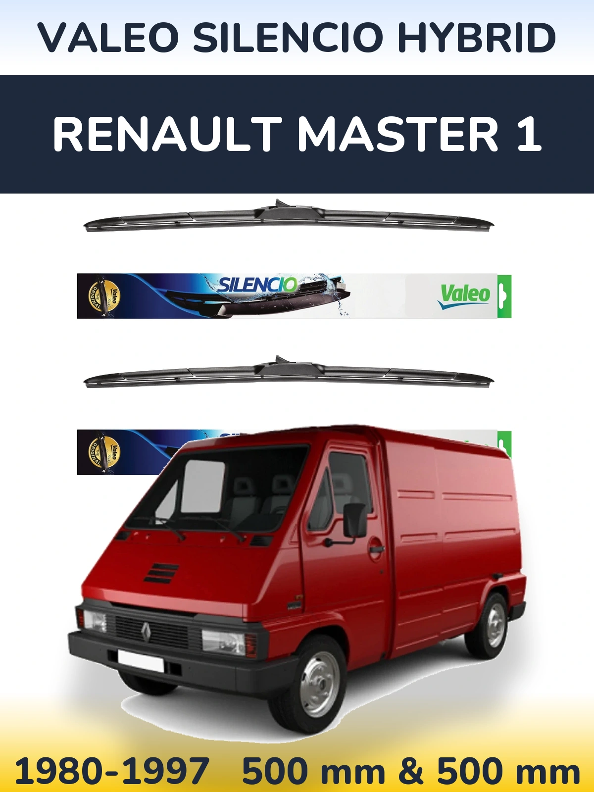 Sada předních stěračů Valeo Silencio Hybrid 500 a 500 mm pro Renault Master 1 1980-1997
