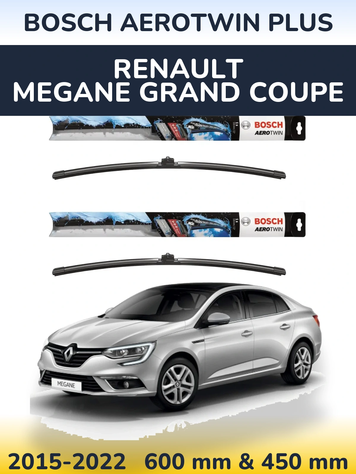 Комплект передніх щіток BOSCH AeroTwin Plus 600 & 450 мм для Renault Megane Grand Coupe 2015-2022