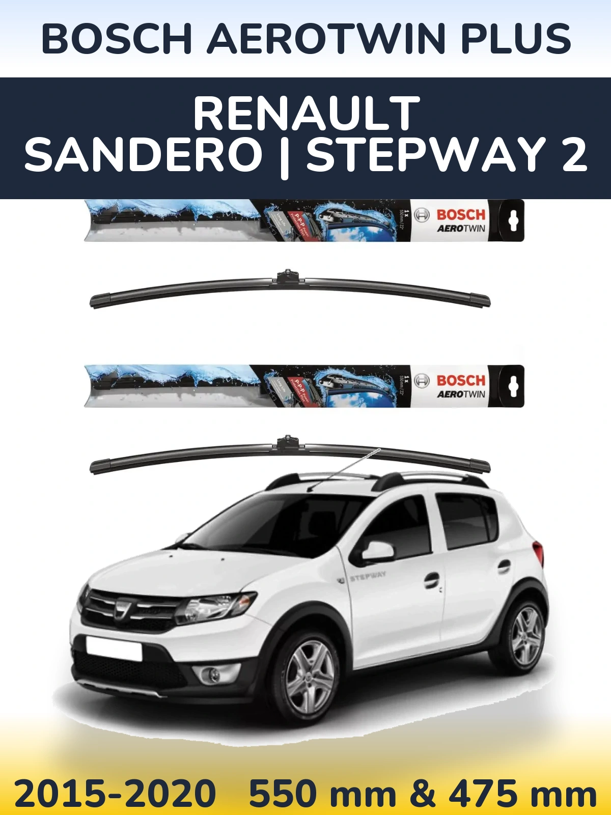 Sada předních stěračů BOSCH AeroTwin Plus 550 a 475 mm pro Renault Sandero | Stepway 2 2015-2020