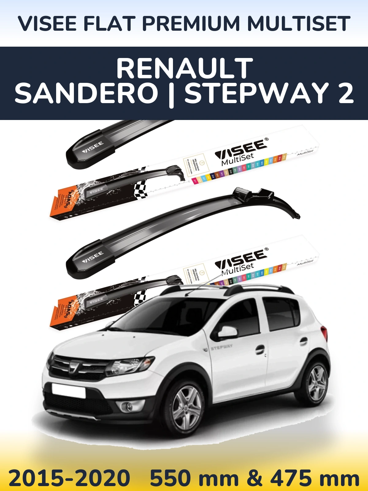Sada předních stěračů VISEE FLAT PREMIUM MultiSet 550 a 475 mm pro Renault Sandero | Stepway 2 2015-2020
