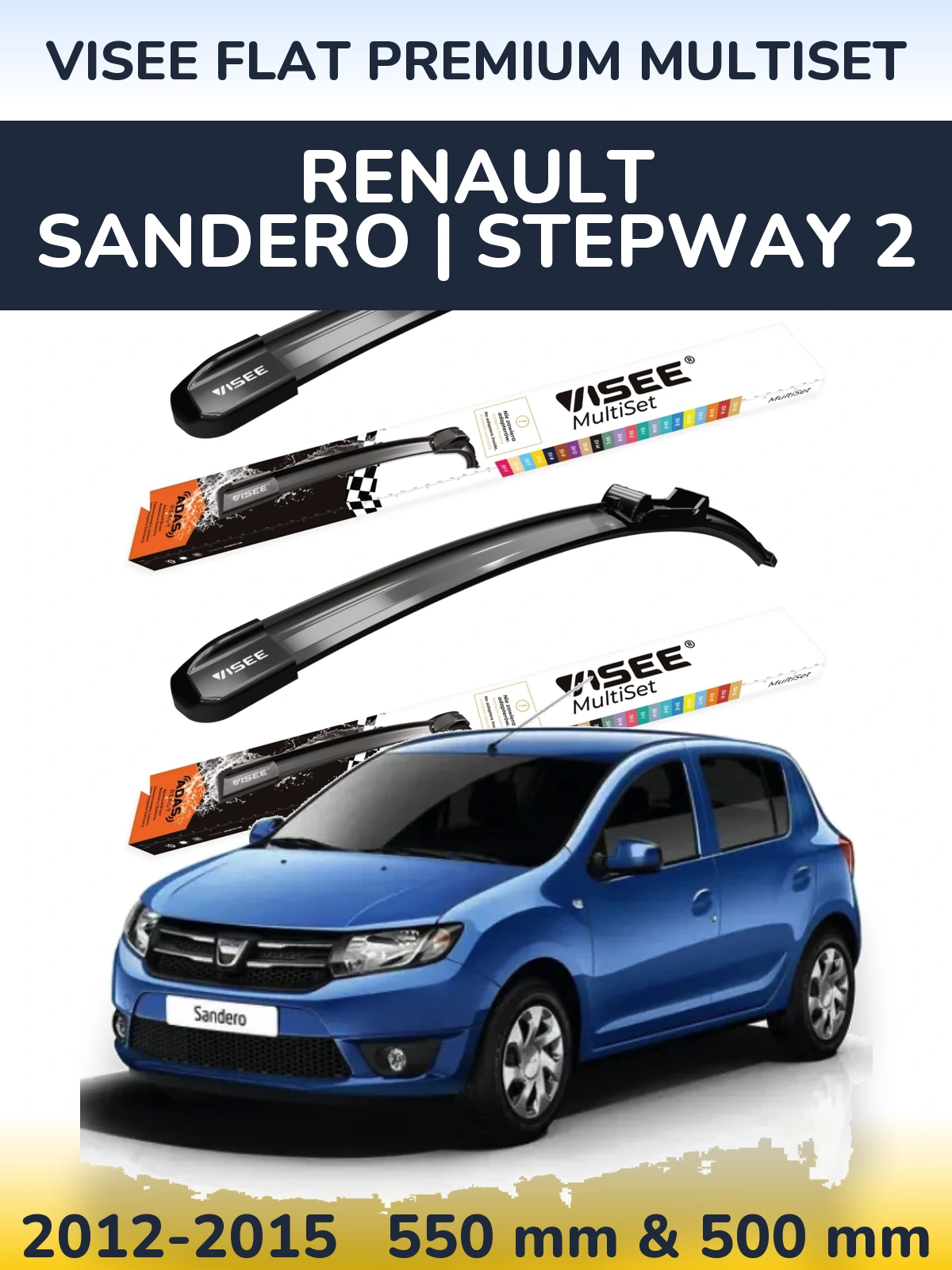 Sada předních stěračů VISEE FLAT PREMIUM MultiSet 550 a 500 mm pro Renault Sandero | Stepway 2 2012-2015