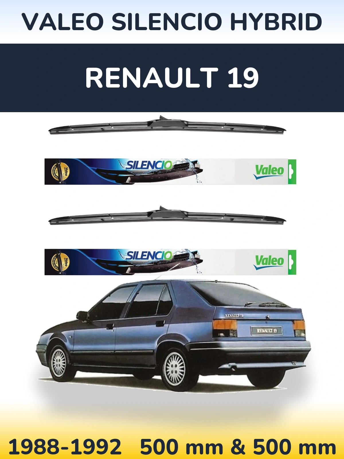 Sada předních stěračů Valeo Silencio Hybrid 500 a 500 mm pro Renault 19 1988-1992