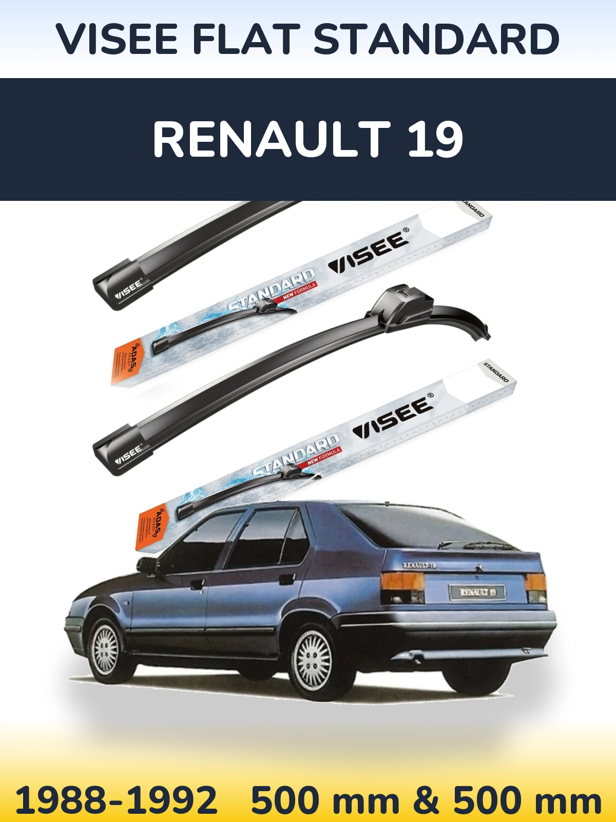 Sada předních stěračů VISEE FLAT STANDARD 500 a 500 mm pro Renault 19 1988-1992