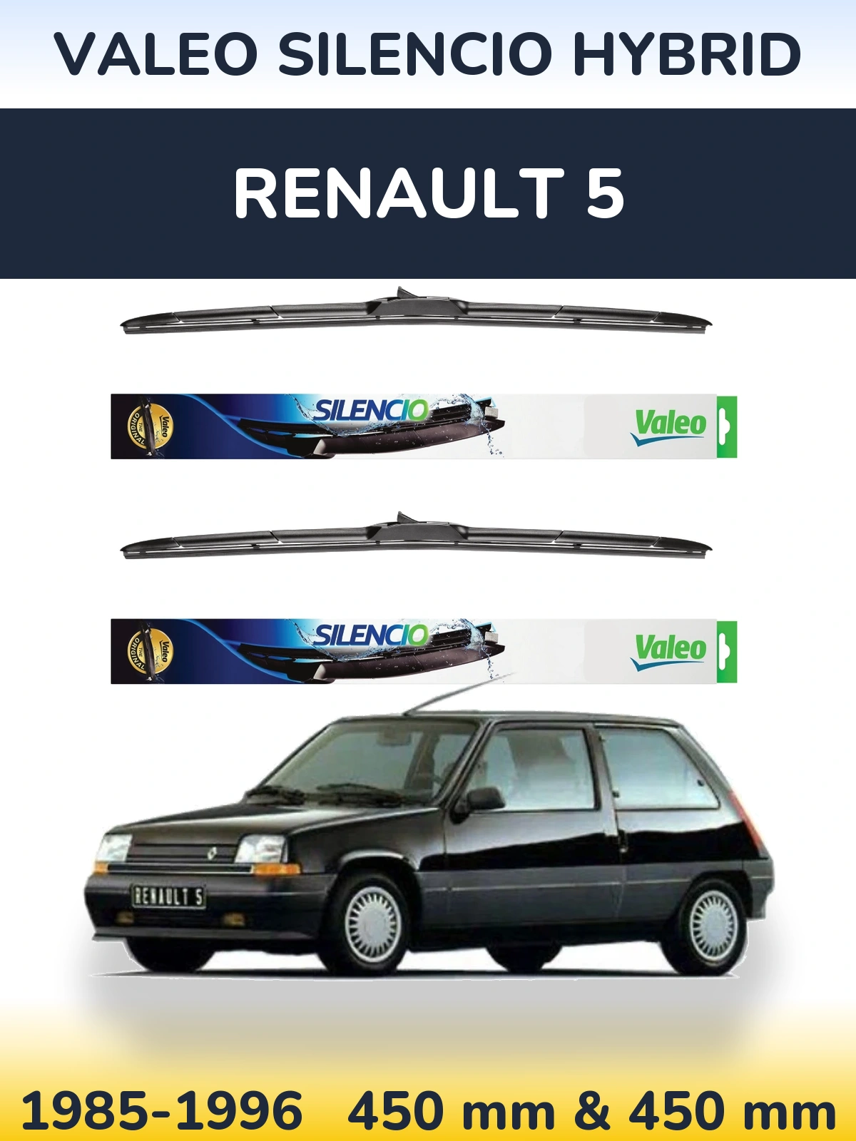Sada předních stěračů Valeo Silencio Hybrid 450 a 450 mm pro Renault 5 1985-1996