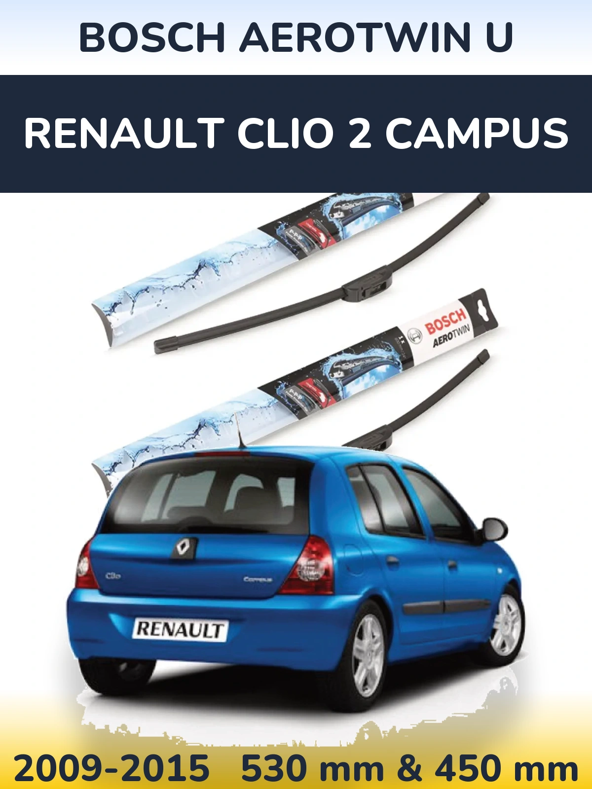 Sada předních stěračů BOSCH AeroTwin U 530 a 450 mm pro Renault Clio 2 Campus 2009-2015