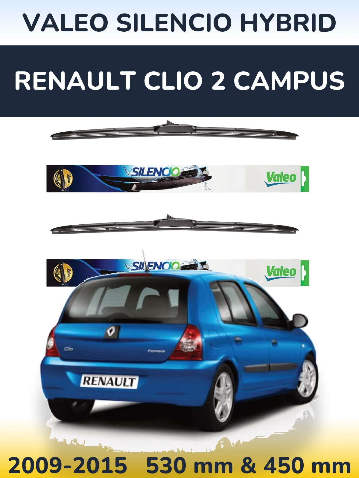 Sada předních stěračů Valeo Silencio Hybrid 530 a 450 mm pro Renault Clio 2 Campus 2009-2015