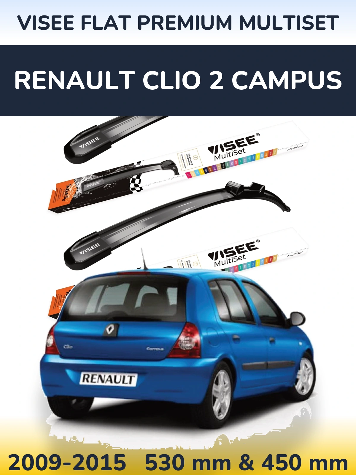 Sada předních stěračů VISEE FLAT PREMIUM MultiSet 530 a 450 mm pro Renault Clio 2 Campus 2009-2015